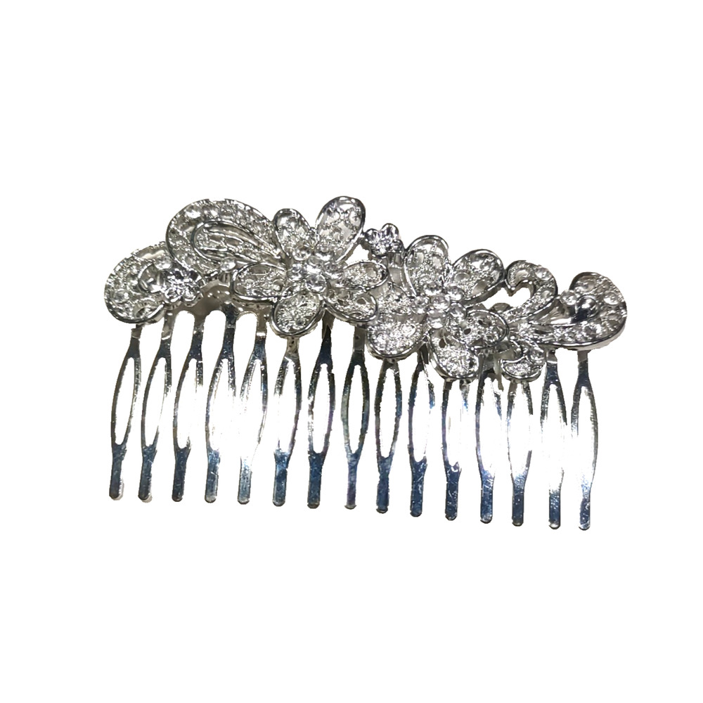 Flower Rhinestones Silver Tone Hair Comb Barrette Large Elegant Feminine Lattice